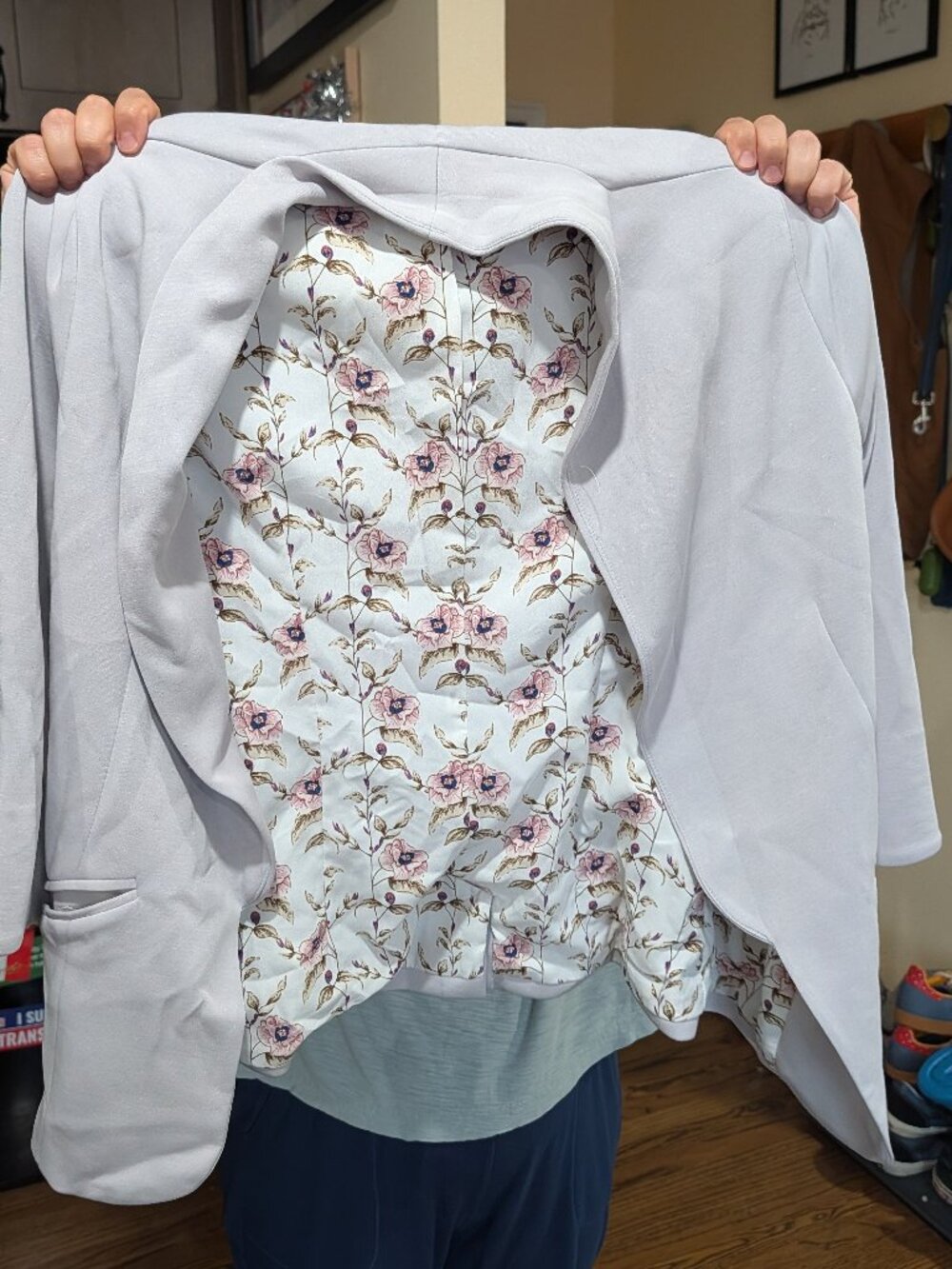 Skies Are Blue Lilac Gray Open Front Floral Lined Blazer M